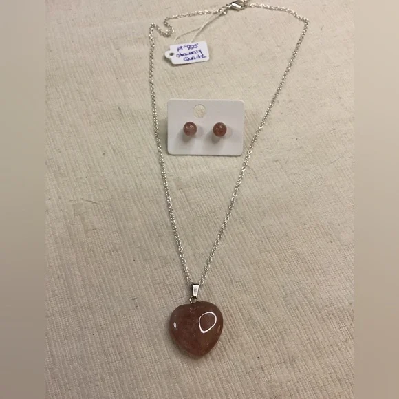 Strawberry Quartz Heart Pendant Necklace and Earring Set - Picture 5 of 5